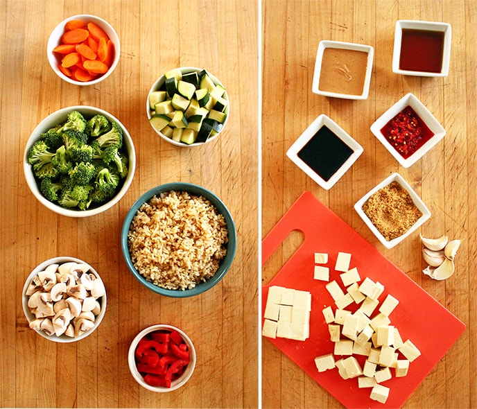 Ingredients for making Teriyaki Peanut Tofu with Stir-Fried Veggies & Brown Rice.