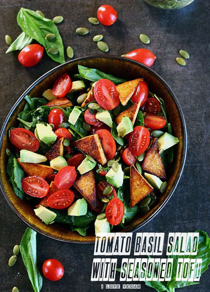 Tomato Basil Salad with Seasoned Tofu -  ilovevegan.com