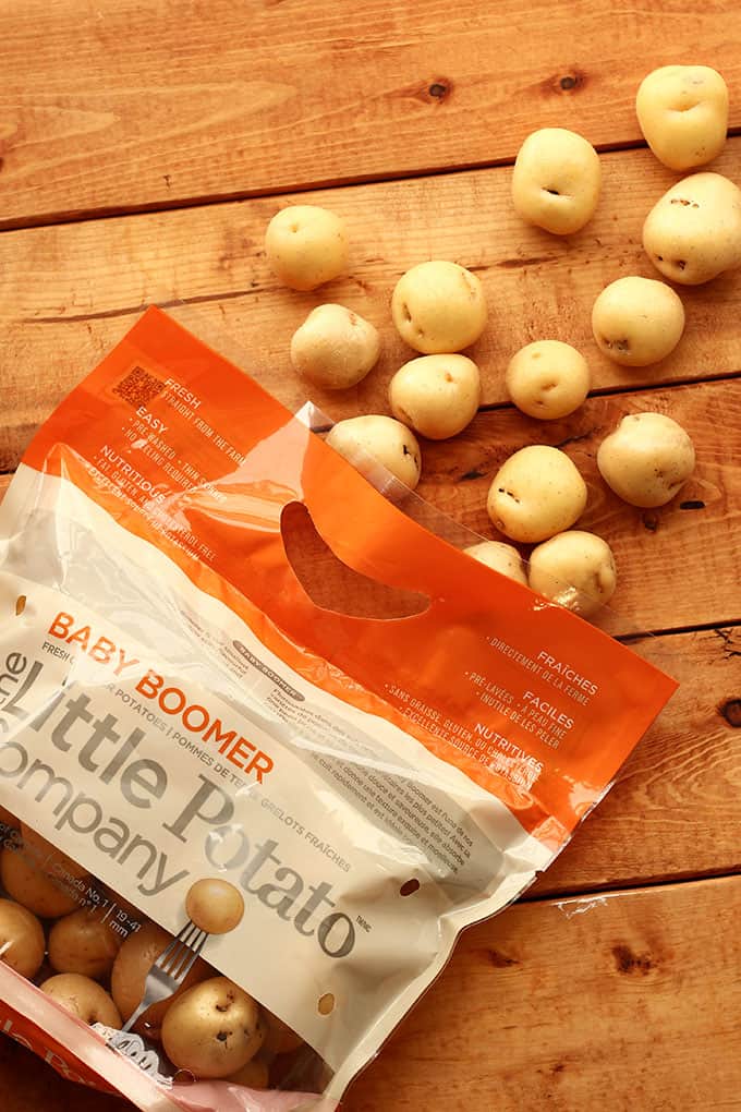 A bag of The Little Potato Company's Baby Boomers for making Cheesy Vegan Potato & Broccoli Casserole.