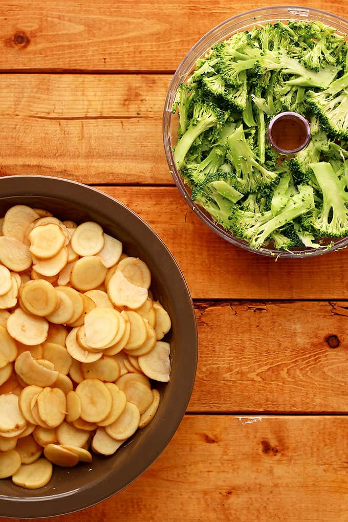 thin-sliced Creamer potatoes and broccoli for making Cheesy Vegan Potato & Broccoli Casserole.