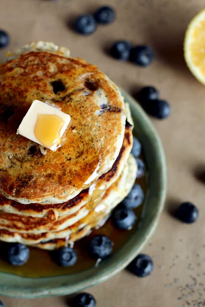 Vegan Lemon Poppy Seed Blueberry Pancakes - ilovevegan.com
