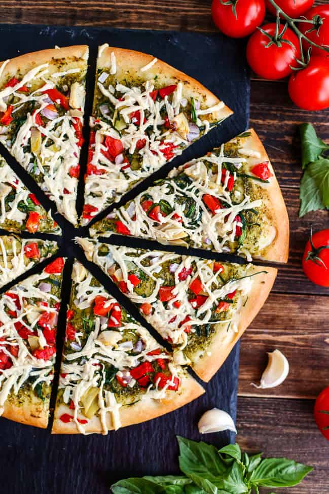Vegan Mediterranean Pesto Pizza - ilovevegan.com
