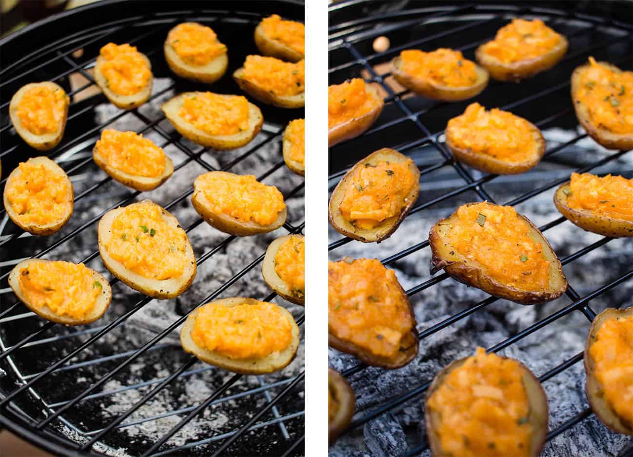 Left: Vegan Double-Stuffed Buffalo Ranch Potatoes just placed on a charcoal grill. Right: Vegan Double-Stuffed Buffalo Ranch Potatoes almost done cooking on a charcoal grill.