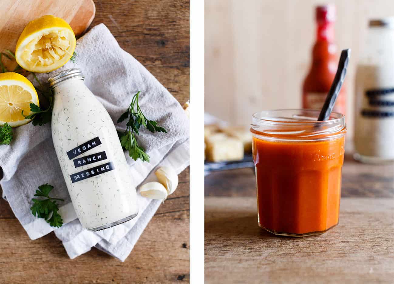 Left: Bottle of Homemade Vegan Ranch Dressing. Right: Jar of Vegan Buffalo Sauce.