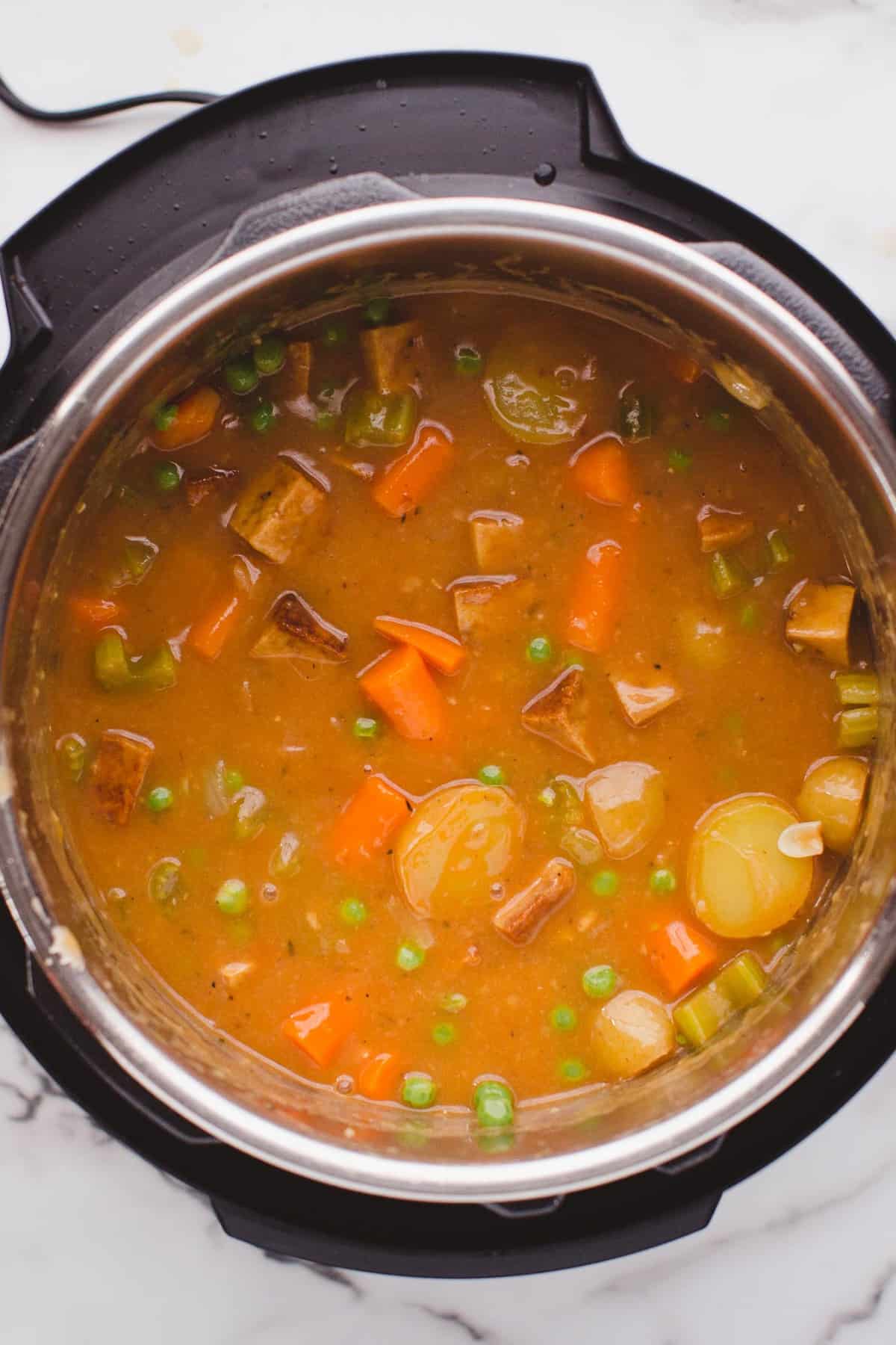 Instant Pot Vegan Tofu & Little Potato Stew after pressure cooking.