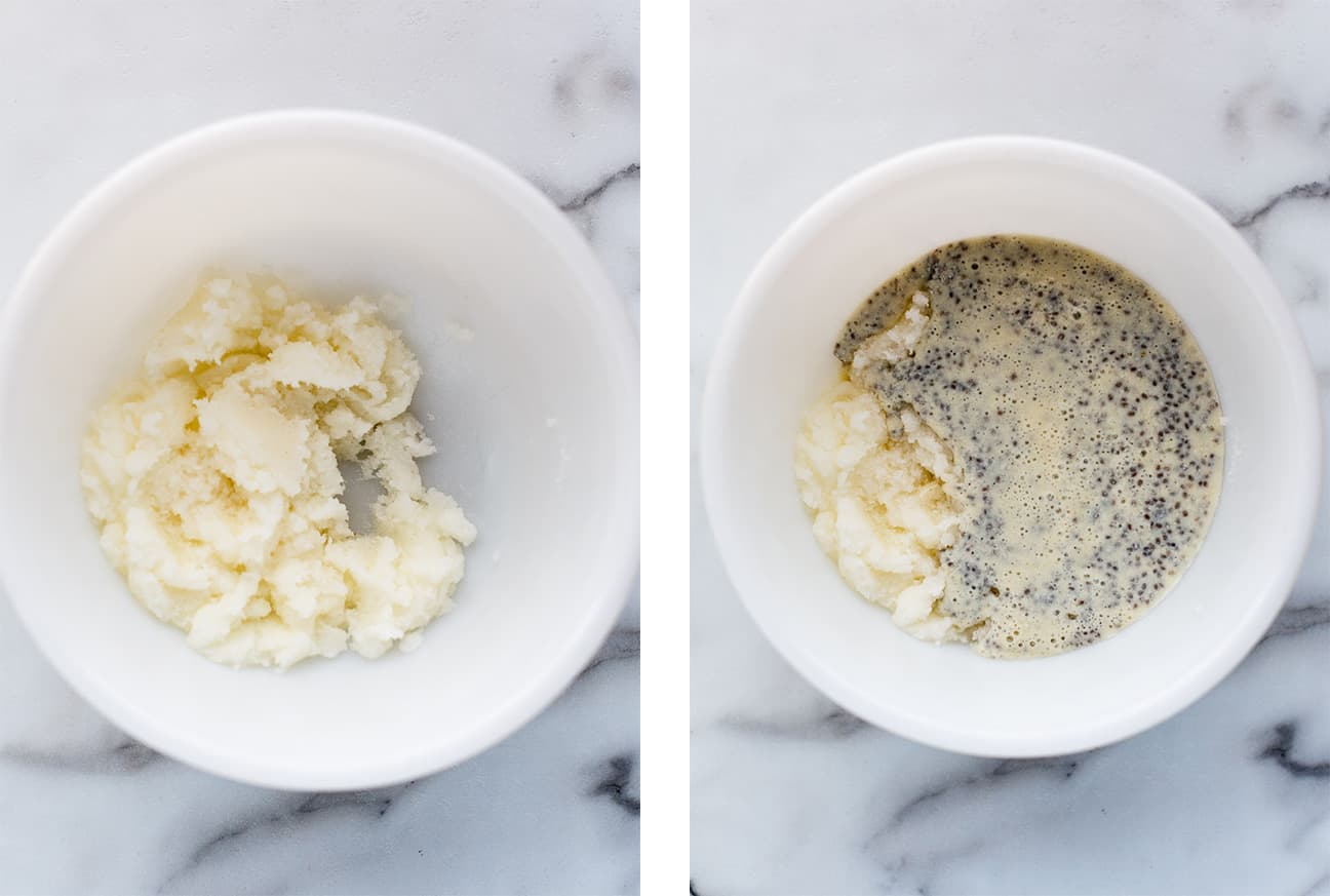 Making Vegan Lemon Poppy Seed Cake. Left: Coconut oil and sugar creamed together. Right: Creamed sugar and coconut oil with thickened chia seed mixture.