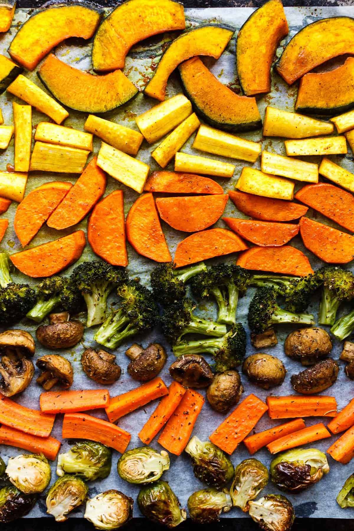 Sweet and savoury roasted vegetables for making Roasted Fall Vegetable Bowls.