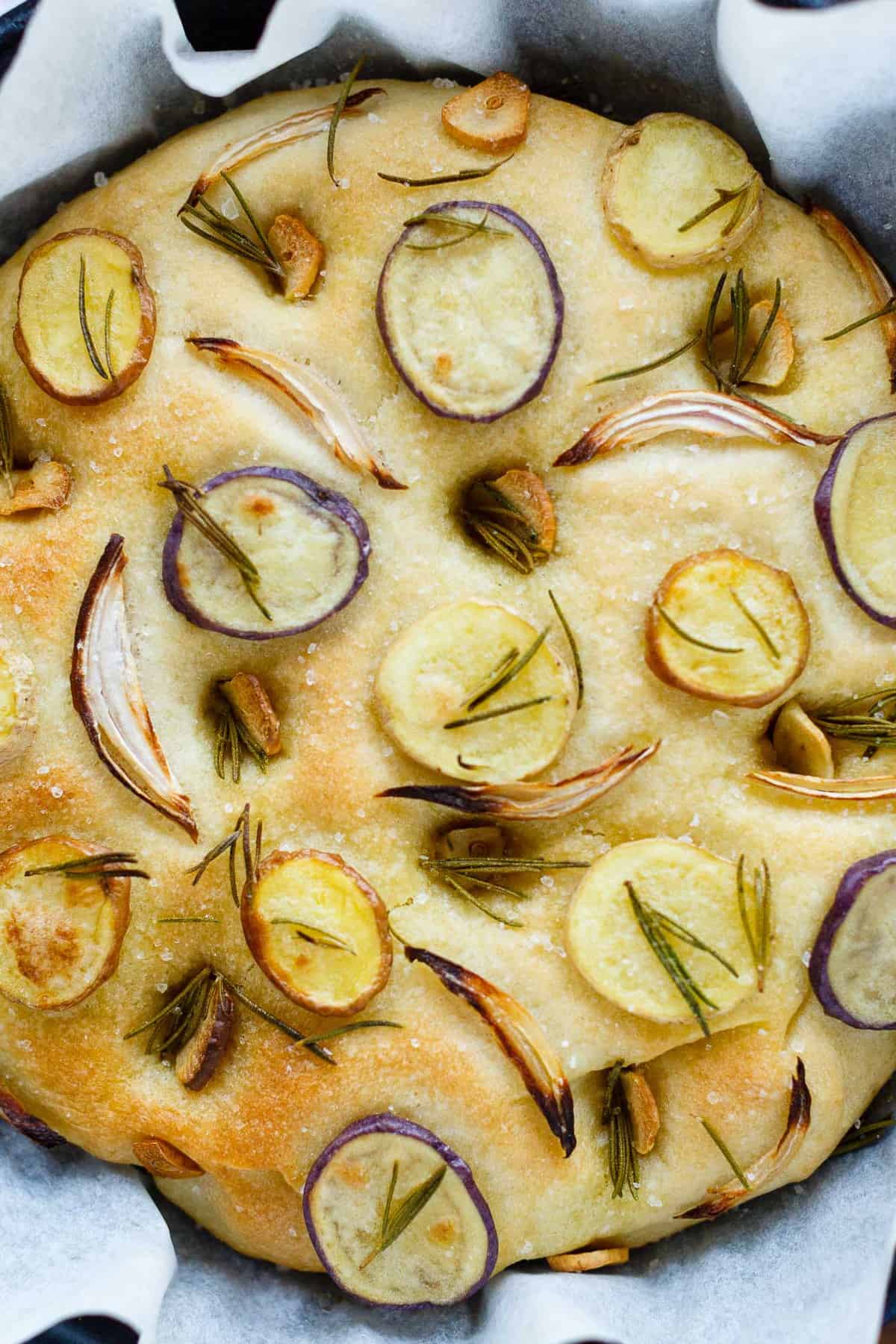 Close up of finished Rosemary Herb & Potato Focaccia