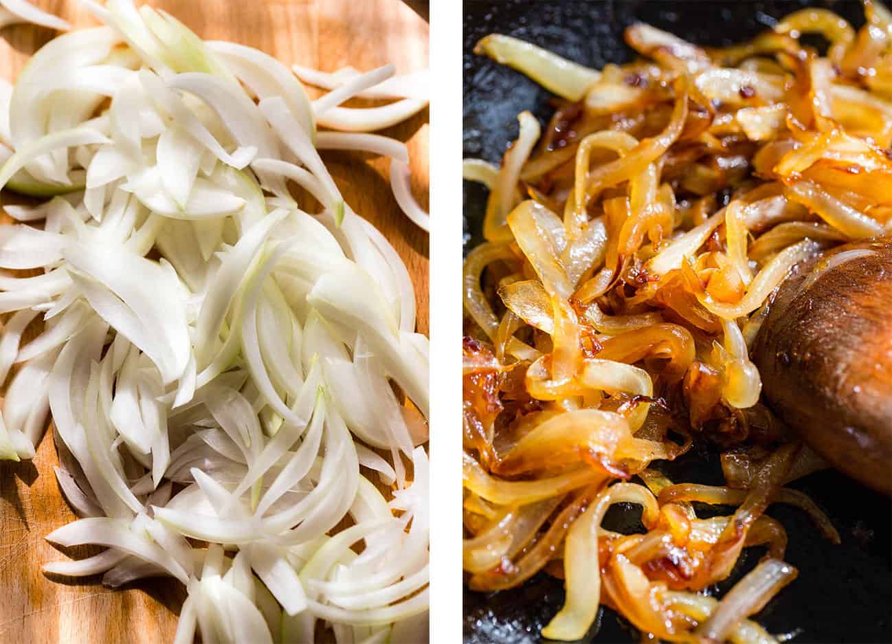 Left: raw, sliced white onion. Right: caramelizing onions in a cast-iron pan.