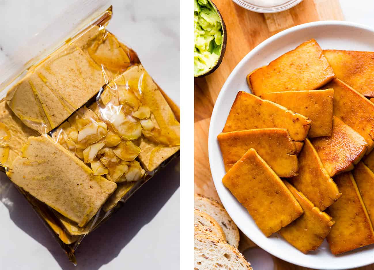 Left: marinating tofu in a plastic food storage bag. Right - cooked slices of marinated smoky maple tofu.