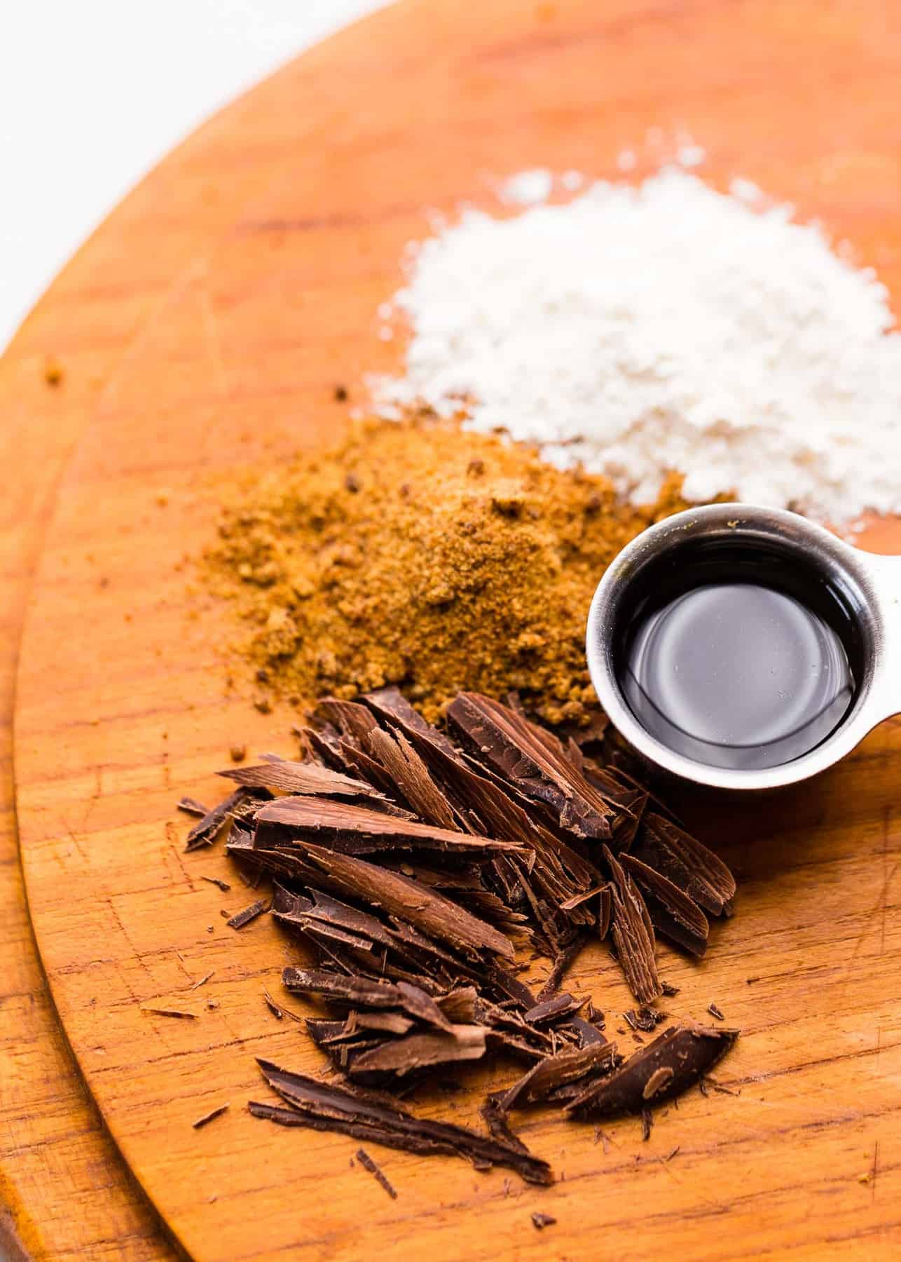 Ingredients to add depth to vegan chili: Dark chocolate, dark brown sugar, soy sauce, and flour.