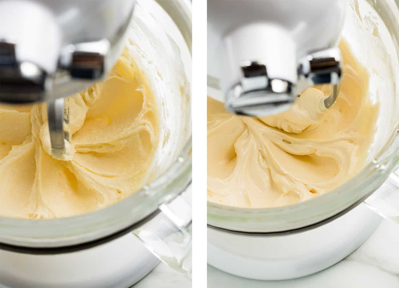 Creaming vegan butter, sugar, and aquafaba in a stand mixer.
