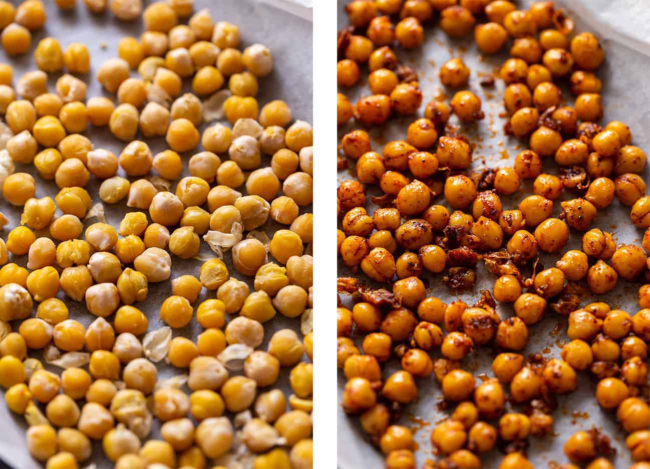 Left: Cooked chickpeas, dried in the oven. Right: Chickpeas seasoned with olive oil, garlic, and spices.