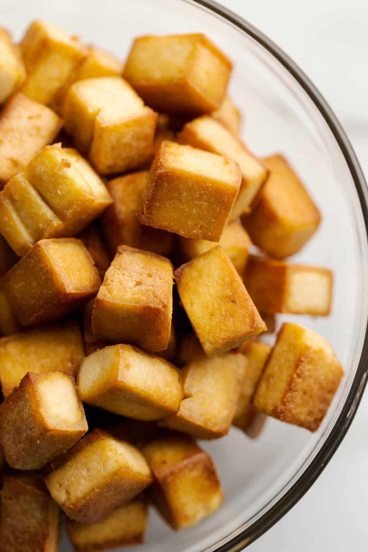 Cubed, browned tofu flavoured with soy sauce.