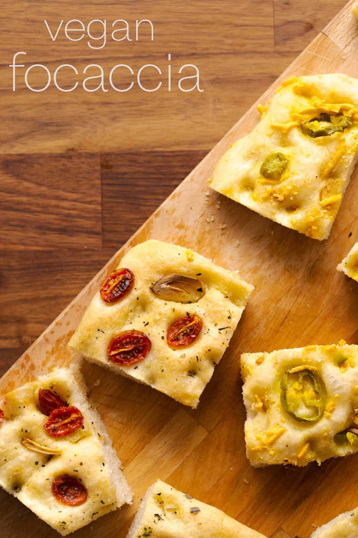 Jalapeno cheese and tomato herb focaccia dough side-by-side and ready for baking.