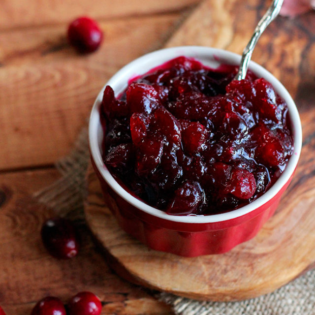 Homemade cranberry sauce in a ramekin.