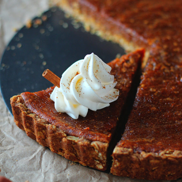 Rustic Vegan Oat Crisp Pumpkin Pie with Coconut Whipped Cream - ilovevegan.com