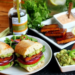 Chipotle Maple Glazed Tofu Burgers with Guacamole and Chipotle-Sriracha Mayo - ilovevegan.com #vegan #PUREInfused