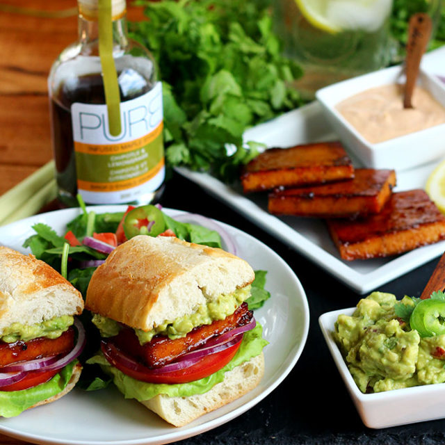 Chipotle Maple Glazed Tofu Burgers with Guacamole and Chipotle-Sriracha Mayo - ilovevegan.com #vegan #PUREInfused