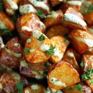 Crispy Creamer Potatoes with Garlic Lemon Avocado Aioli - ilovevegan.com