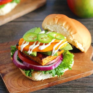 Mango Chili Tofu Burgers with Cashew Crema - ilovevegan.com