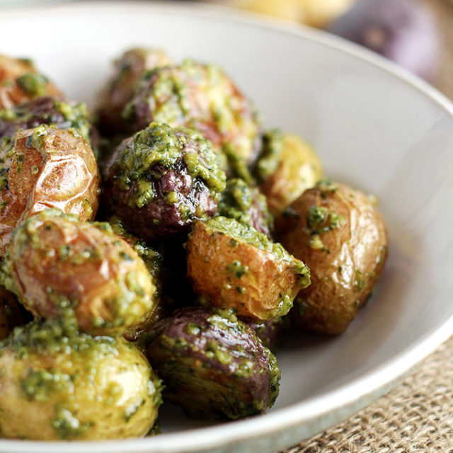 Easy Vegan Pesto Potatoes - ilovevegan.com