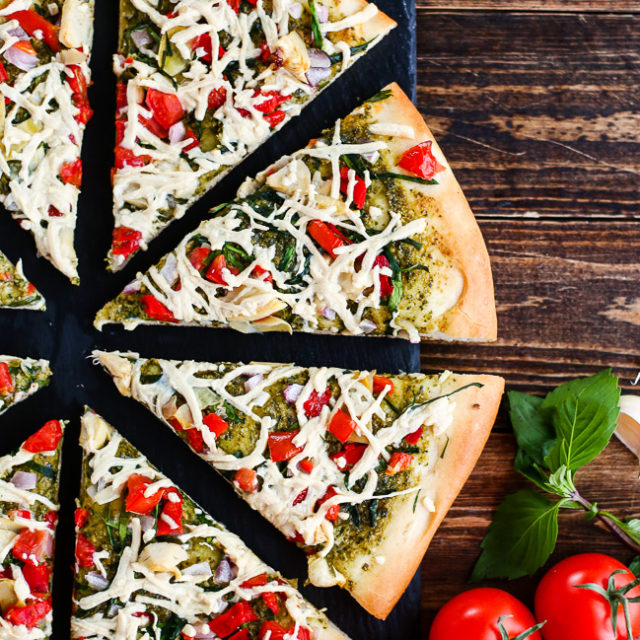 Vegan Mediterranean Pesto Pizza - ilovevegan.com