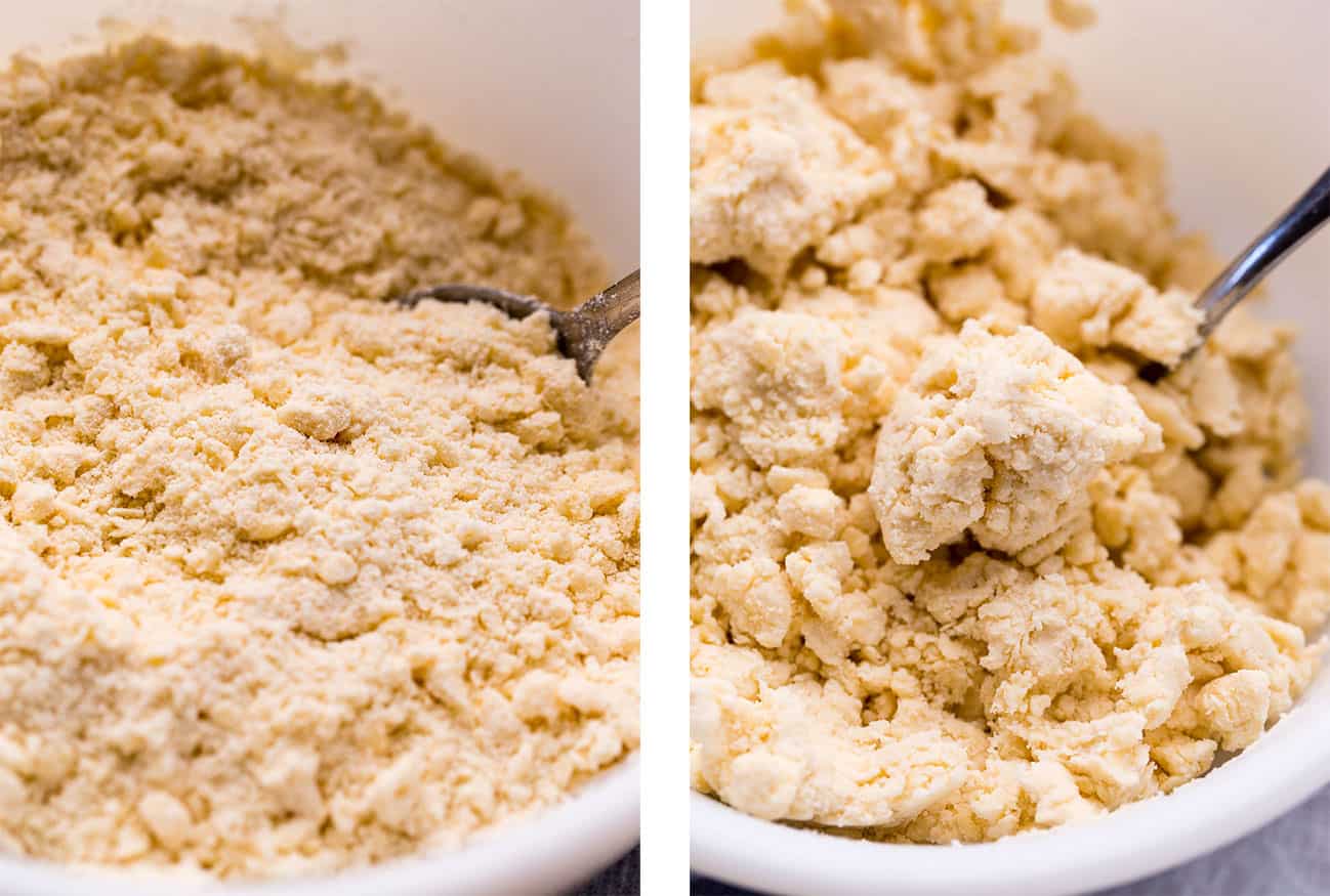Left: Cutting vegan butter into flour to make vegan pie crust. Right: Vegan pie dough with just enough water.
