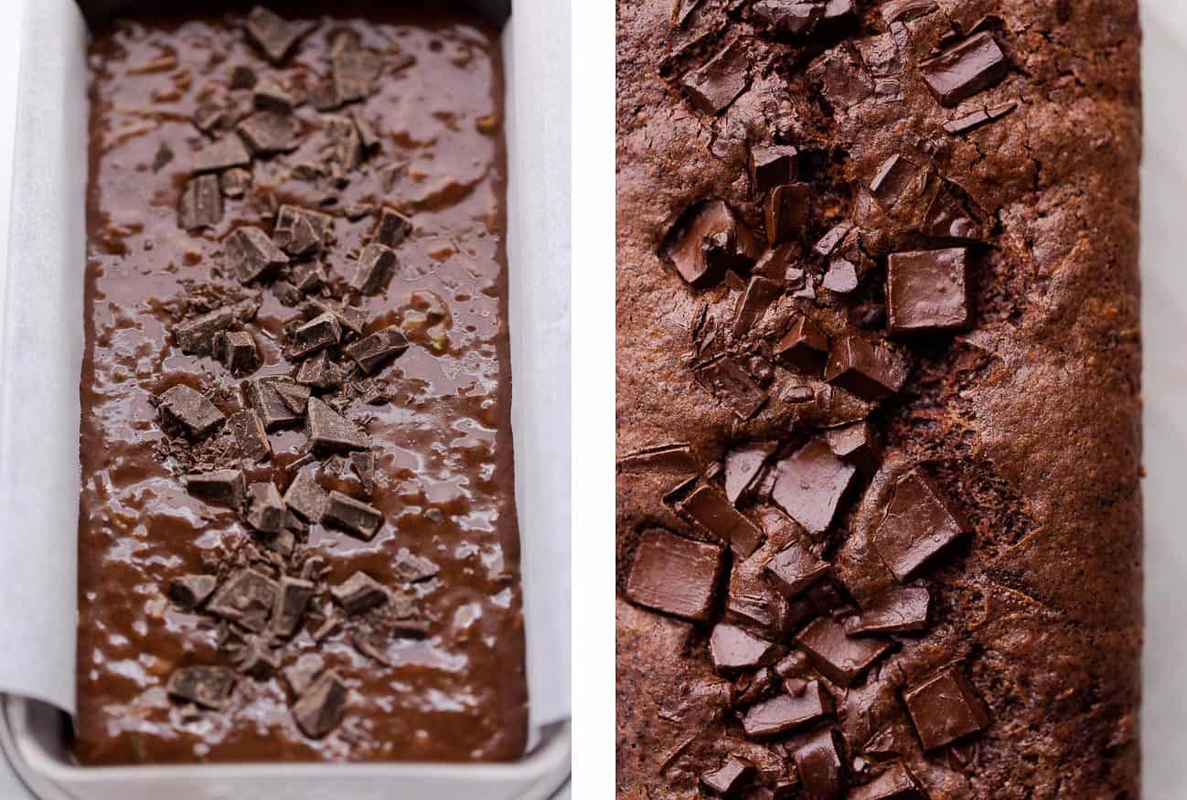Left: Close up of a parchment paper lined loaf pan filled with chocolate zucchini bread batter with a sprinkling of dark chocolate chunks down the center. Right: A close up bird's eye view of the fully baked vegan chocolate zucchini bread.