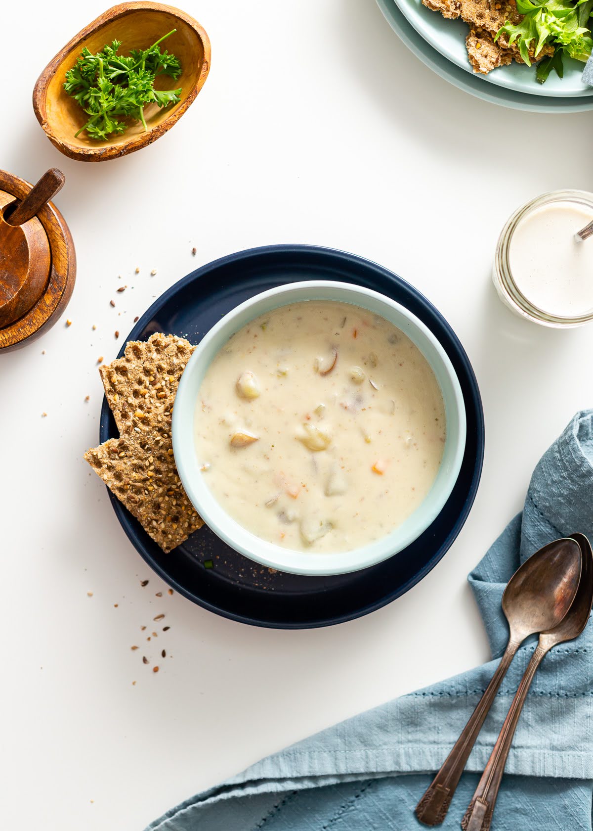 a bowl of vegan cream of potato soup
